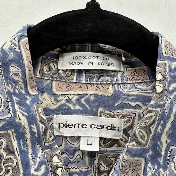 Pierre Cardin Shirt Mens Sz L Tropical Camp Geometric Button Down Cotton Blue - Picture 10 of 10